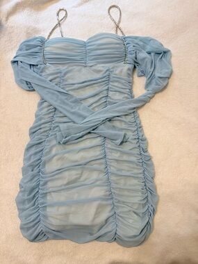 Fashion Nova Light Blue Ruched Off-Shoulder Mini Dress with Rhinestone Straps